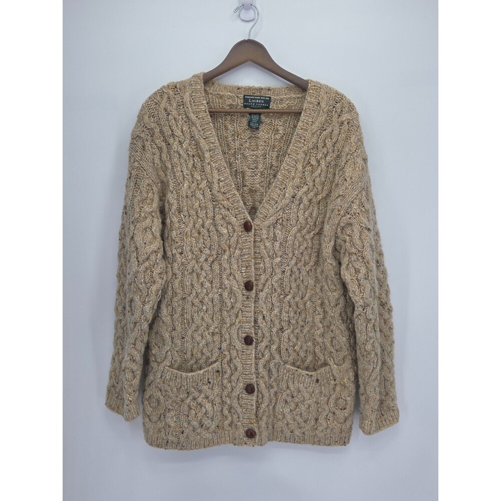 Lauren Ralph Lauren Fisherman Hand Cable Knit Cardigan Sweater 100% Wool Size PM